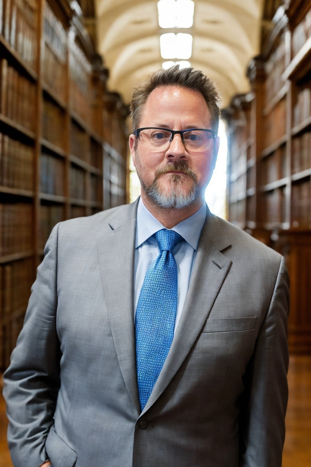 Portrait of David Stott in a historic research library
